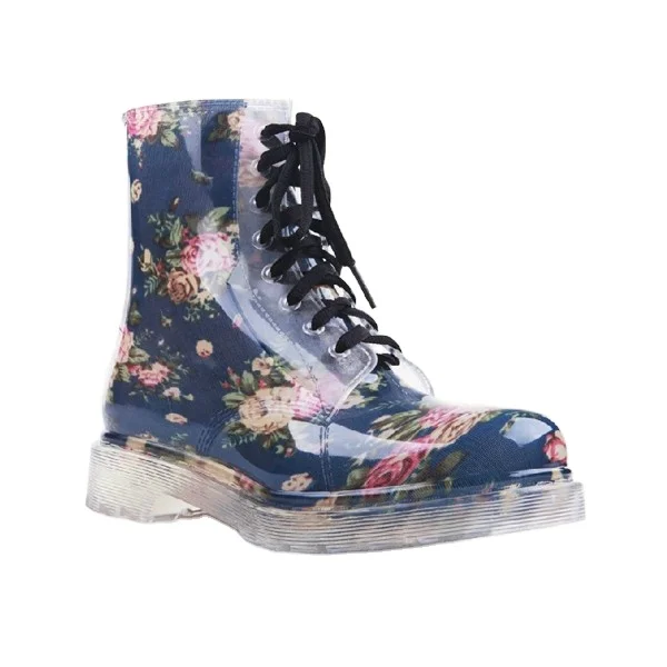 Transparent Ladies Fashion Rubber Rain Boots Flower Print Women Gumboots