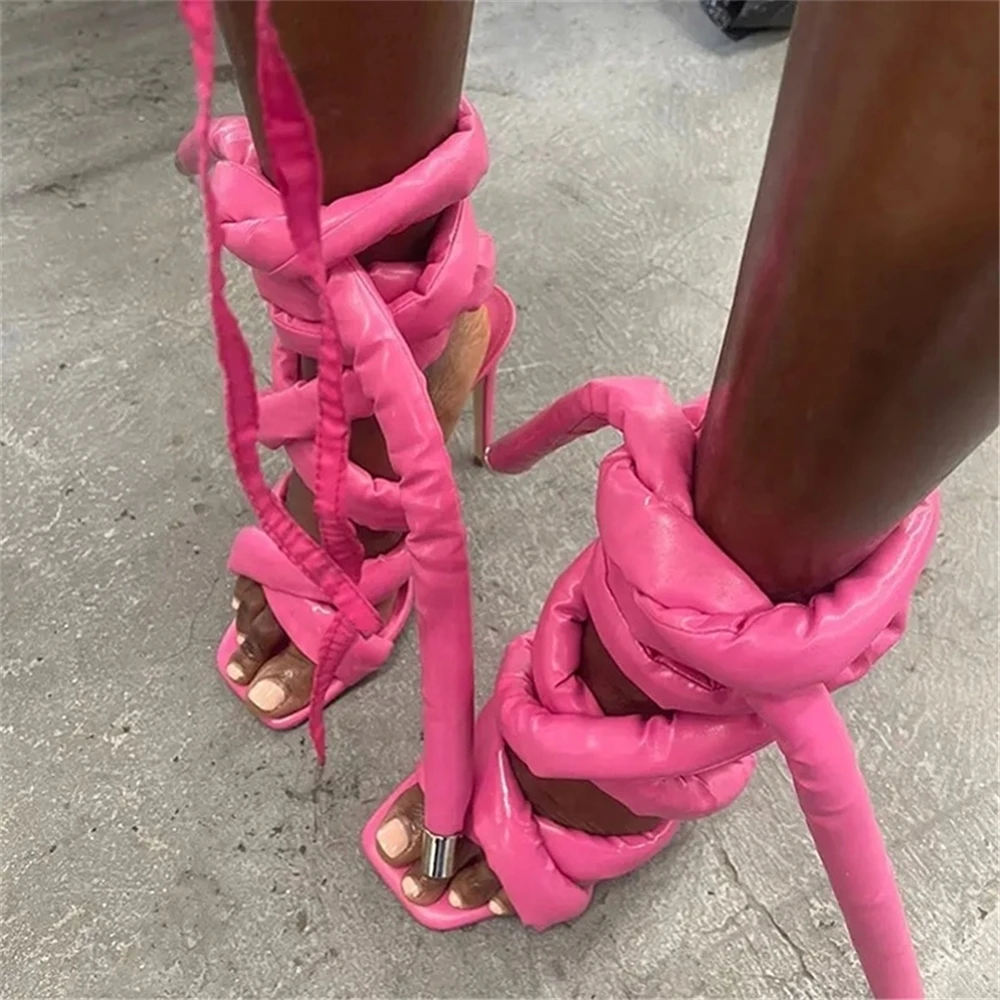 ZHEZHE Fancy Design Custom Colors Solid Square Toe Stiletto Sandals Women Summer Cross Puffy Straps High Slim Heel Shoes