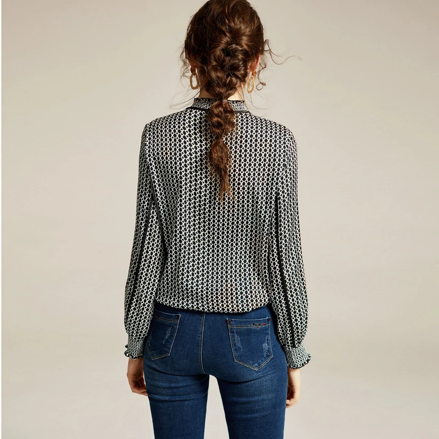 2020 Vintage Pure Silk Bow Collar Long Sleeve Print Shirt Casual Office Blouse For Ladies