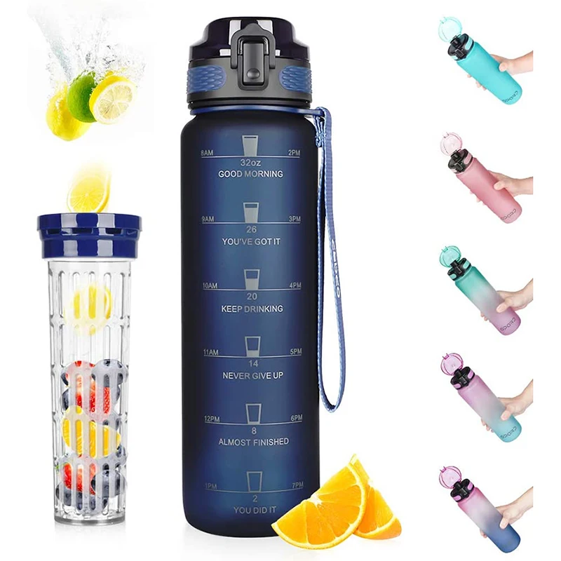 32oz BPA Free Tritan Water Bottle Sports Outdoor Gym Frosted Plastic Time Marker Motivational Water Bottle With infuser