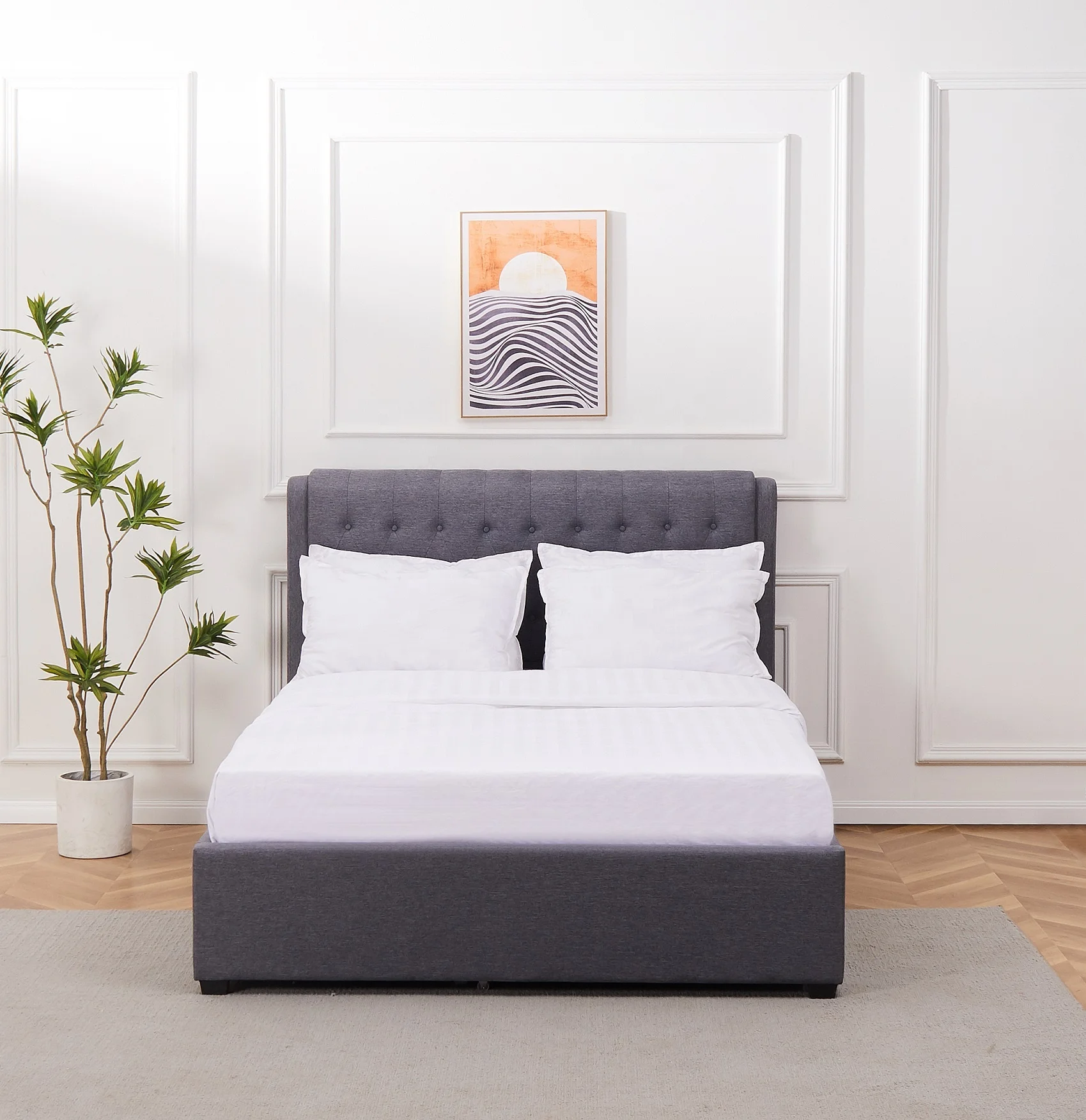 Modern Good Quality Dark Grey Linen Fabric Twin Single Bed Frame With Trundle Bottom Beds For Bedroom Furniture