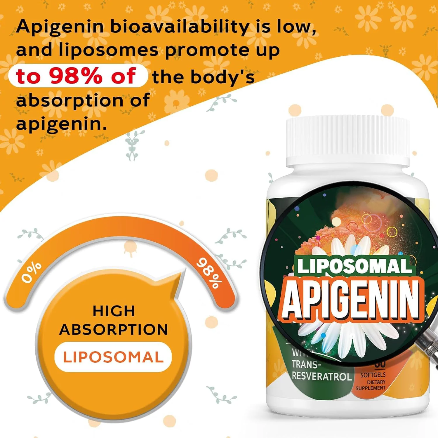 High Bioavailability Apigenina Softgel Capsules Liposomal Apigenin Supplements  Apigenin 550 mg Trans Tesveratrol 50 mg