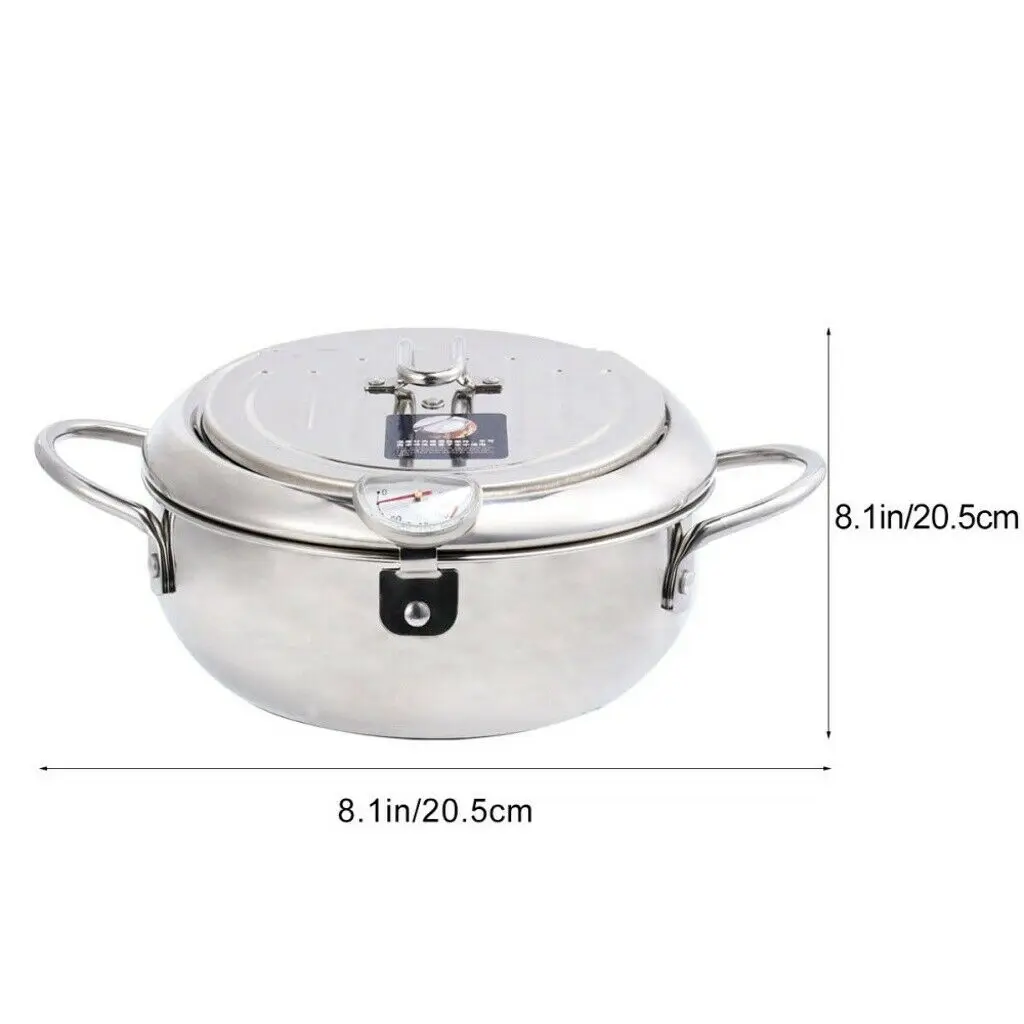 304 Stainless Steel Tempura Deep Fryer Pot With Thermometer And Oil Drip Rack Lid For Chicken Fries Fish Shrimp Oil Frying Pan