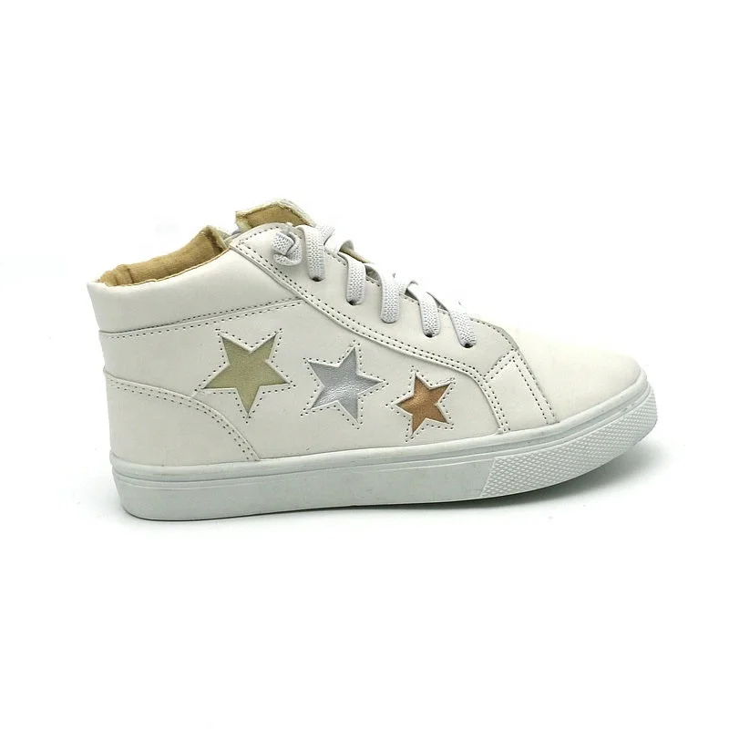 Zipper Closure Faux Leather Upper Three Stars Trim Comfortable Popular High Top Girls Sneakers