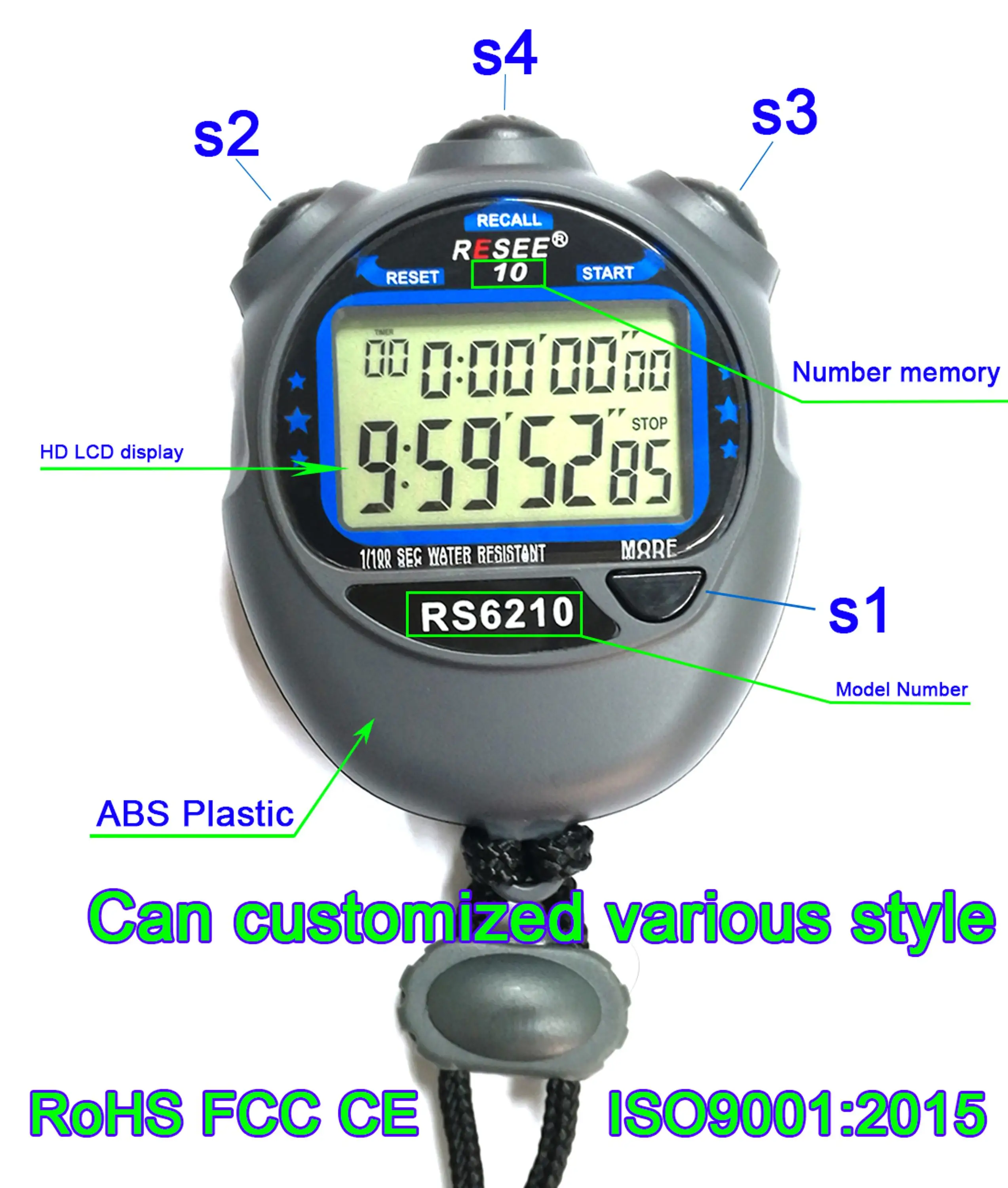Resee цифровой ручной секундомер 60 кругов памяти профессиональный спортивный трехрядный дисплей