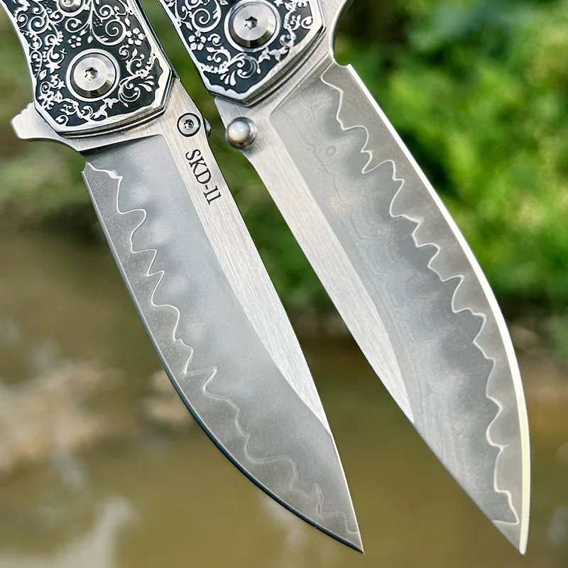 Pocket Knife damascus steel blade and solidified stable wood Handle for Outdoor Tactical Survival