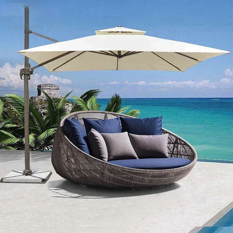 Modern Rattan Day Bed Sun Round Outdoor Lounge with Canopy Lounger Chaise