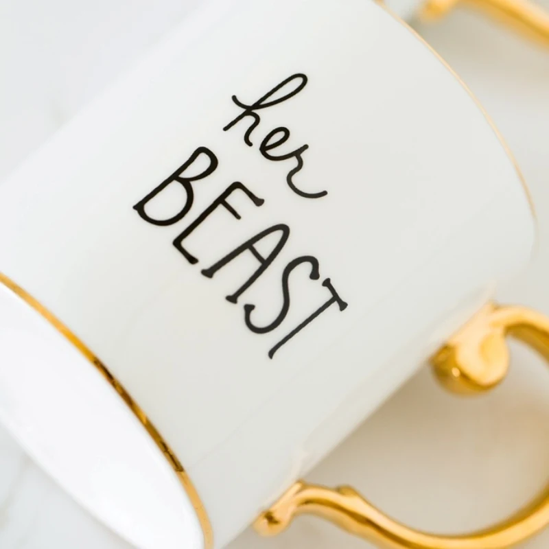 Luxury Gold Handle Ceramic Mugs Wholesale Porcelain Couple Mugs Beauty Beast Mugs Coffee Cups Gold Rimmed