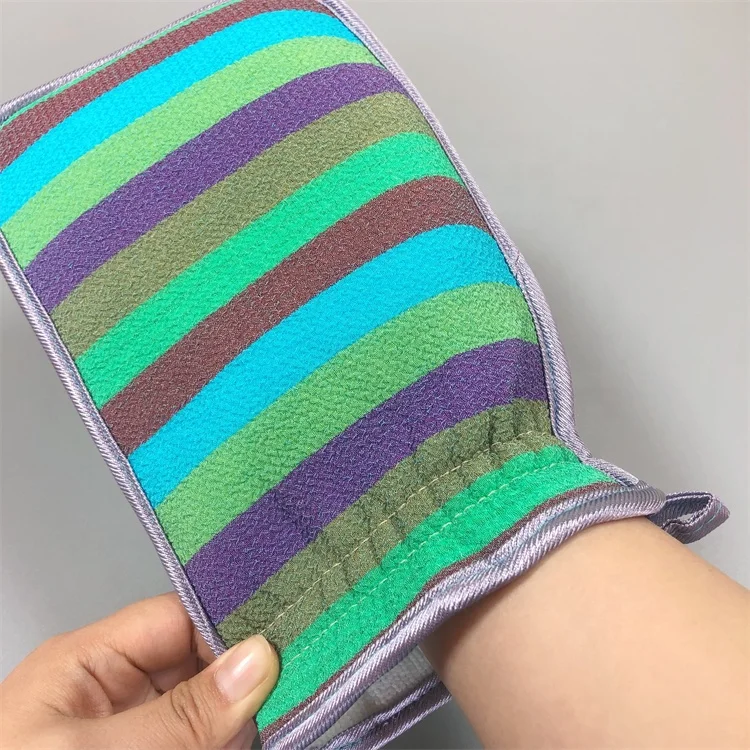 Factory Wholesale Round Corner Color Striped Inner Crystal Velvet Double Sided Viscose Fiber Dead Skin Remover Exfoliating Glove