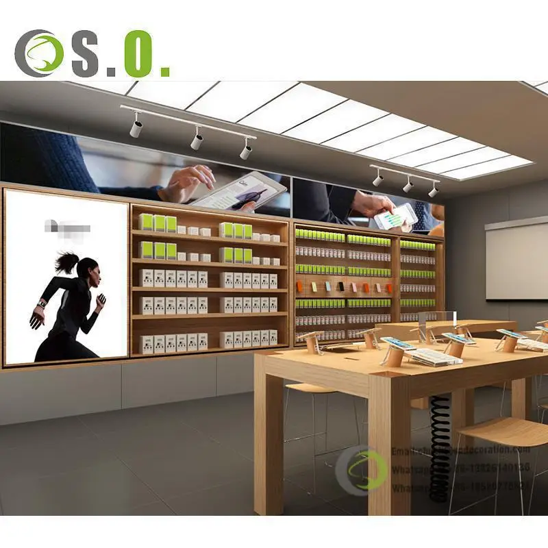 Trendy  Wooden Cell Phone Shop Design  Custom Led Lighting Display Showcase Mobile Phone Store Furniture