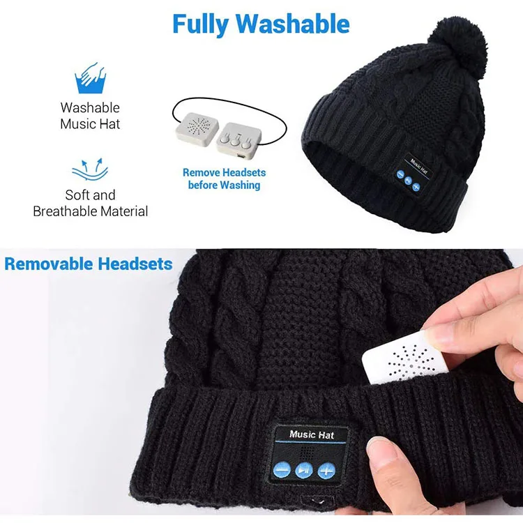 Шапка-бини с Bluetooth из мягкой трикотажной ткани помпоном и встроенными динамиками микрофоном для зимнего фитнеса занятий спортом на открытом воздухе