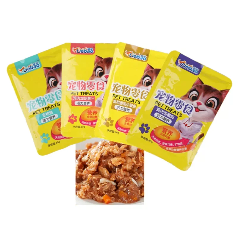 Factory OEM Custom High Nutrition 80g Chicken Carrot Wet Cat Food Fresh Delicious Tuna Whitebait Pet Cat Wet Food Treats Snacks