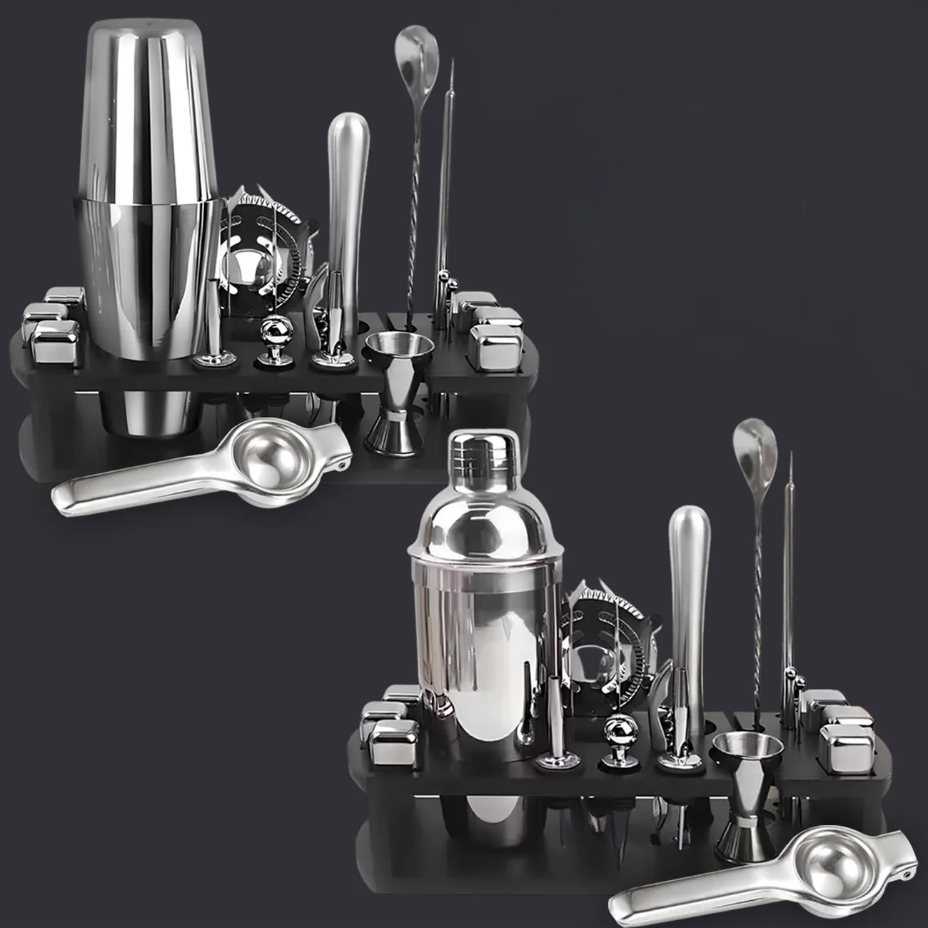 Custom Sustainable Eco Friendly 2024 New 750ML Bartender Kit Stainless Steel Bar Tool Accessories Wooden Frame Wine Mixer Set