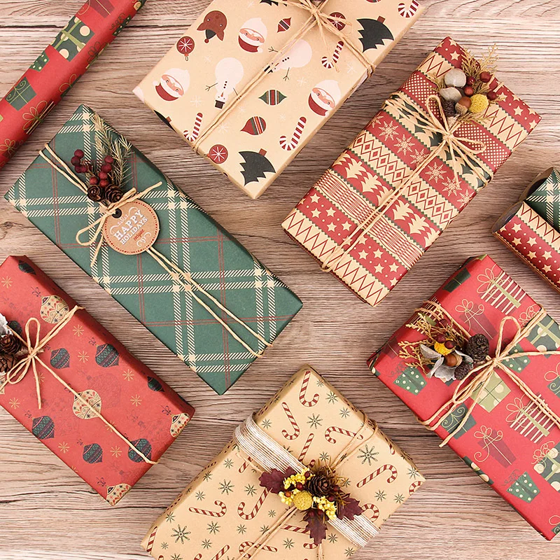 Custom Logo Printed Christmas Style Kraft Paper Gift Roll Durable Virgin Pulp Wrapping Paper Packaging