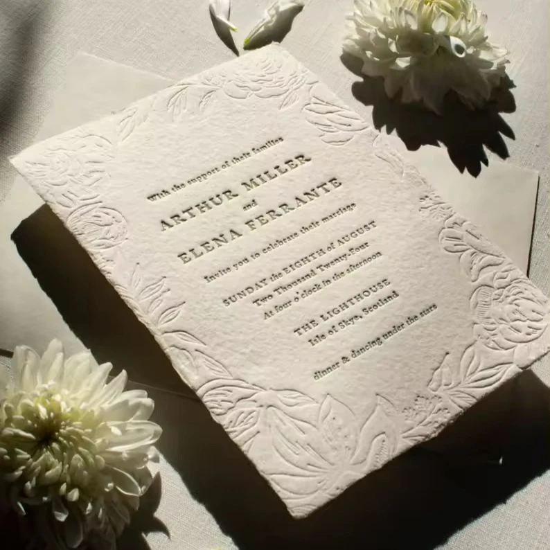 Luxury Elegant Handmade Cotton Paper Embossed Letterpress Formal wedding Invitation Card And Envelope