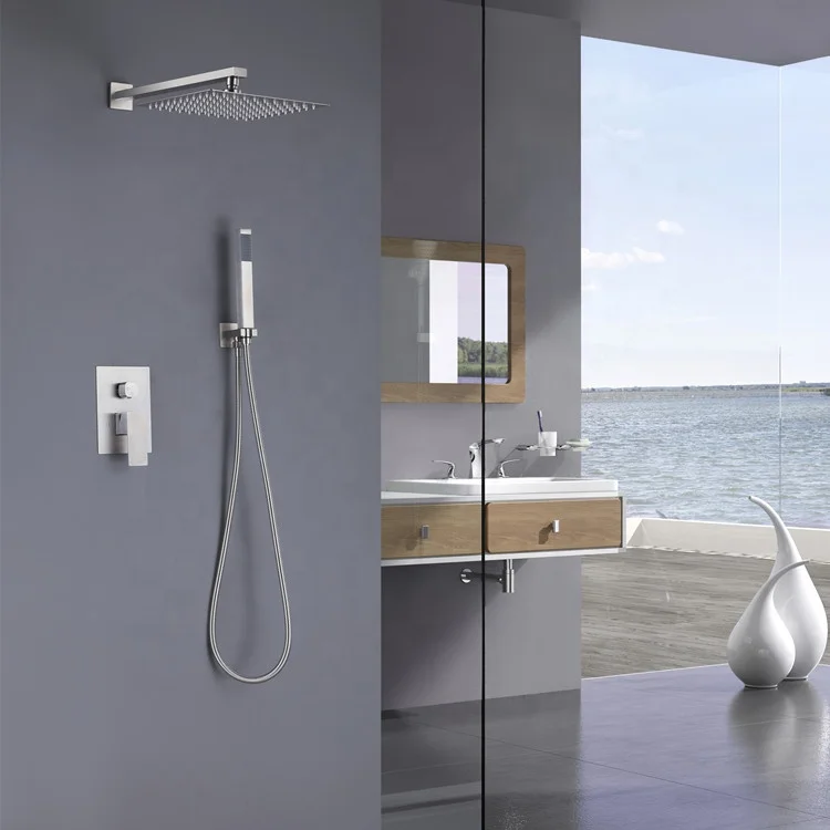 
Hot Sale 304 Stainless Steel Brushed Nickle Hot And Cold Waterfall In Wall Mounted Concealed Bathroom Rain Shower Set 