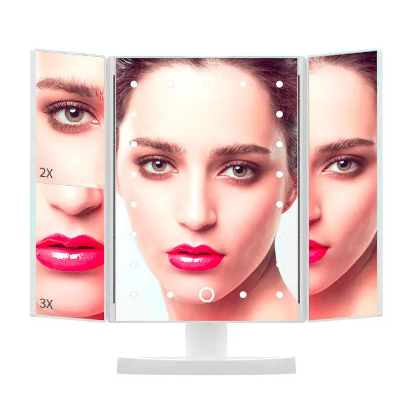 22-light three-fold mirror 2X3X enlarged LED makeup mirror comb makeup desktop three-side folding mirror with light