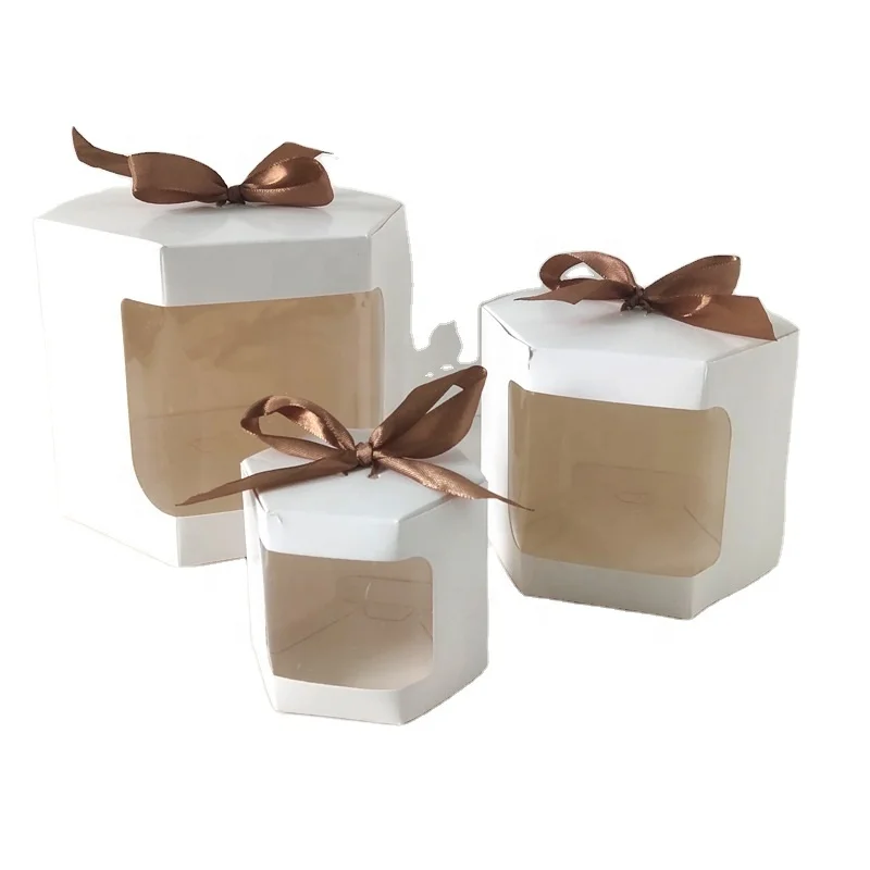 Kraft Packaging With Clear Window Customized Brown Kraft Paper Dessert Box Ribbon Handle Hexagon Polygon Box