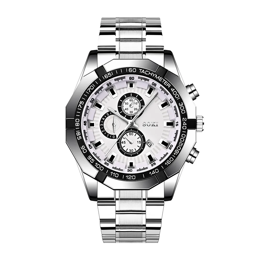 Men Business Casual Watch Fashion Mens Stainless Steel Watches Luxury Quartz Wristwatch Calendar Date Bracelet Set