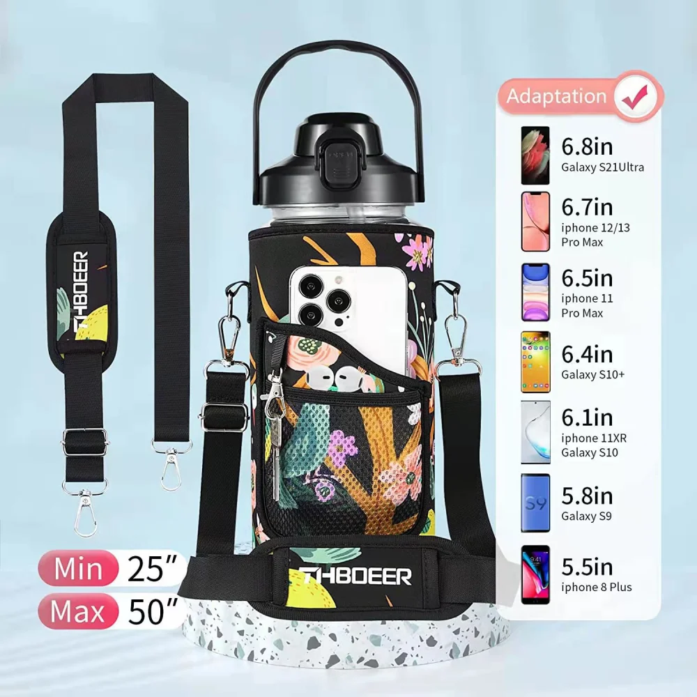 64oz/2000ml Leakproof Motivational Women Men Water Jug With Reusable Insulated Neoprene Holder Pouch Carrier Bag