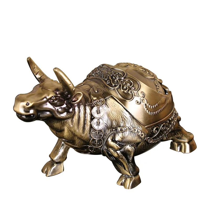 Office Tabletop Ornaments Creative Style Bull Shaped Metal Ashtray With Lid