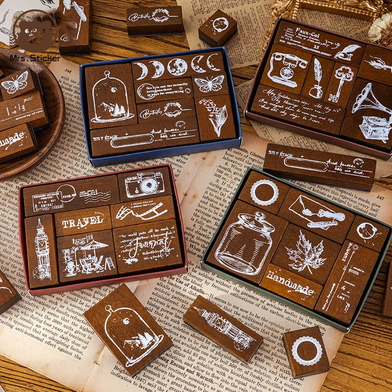7pcs/box Ephemera Vintage Wooden Rubber Stamp Set DIY Art Crafts Wood Seals Decorative Scrapbooking,Travels Notebooks,Journaling