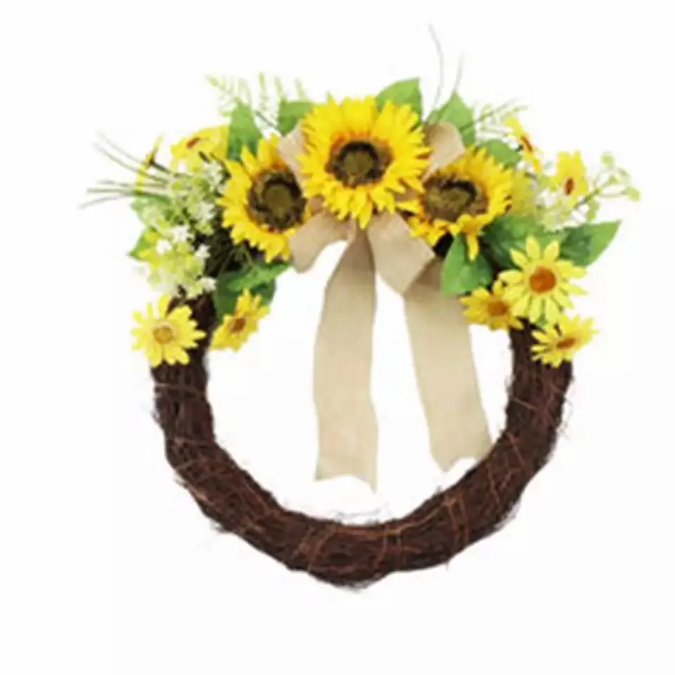 Fabric Artificial Sunflower Summer Garland Yellow Sunflower Green Leaves Wreath for Indoor Christmas Wall Decor Front Door Decor