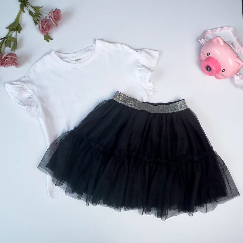 Factory Price Clothing Sets for Boys and Girls Breathable Blank Ruffle Tshirt and Chiffon Skirt Outfits ODM Supply