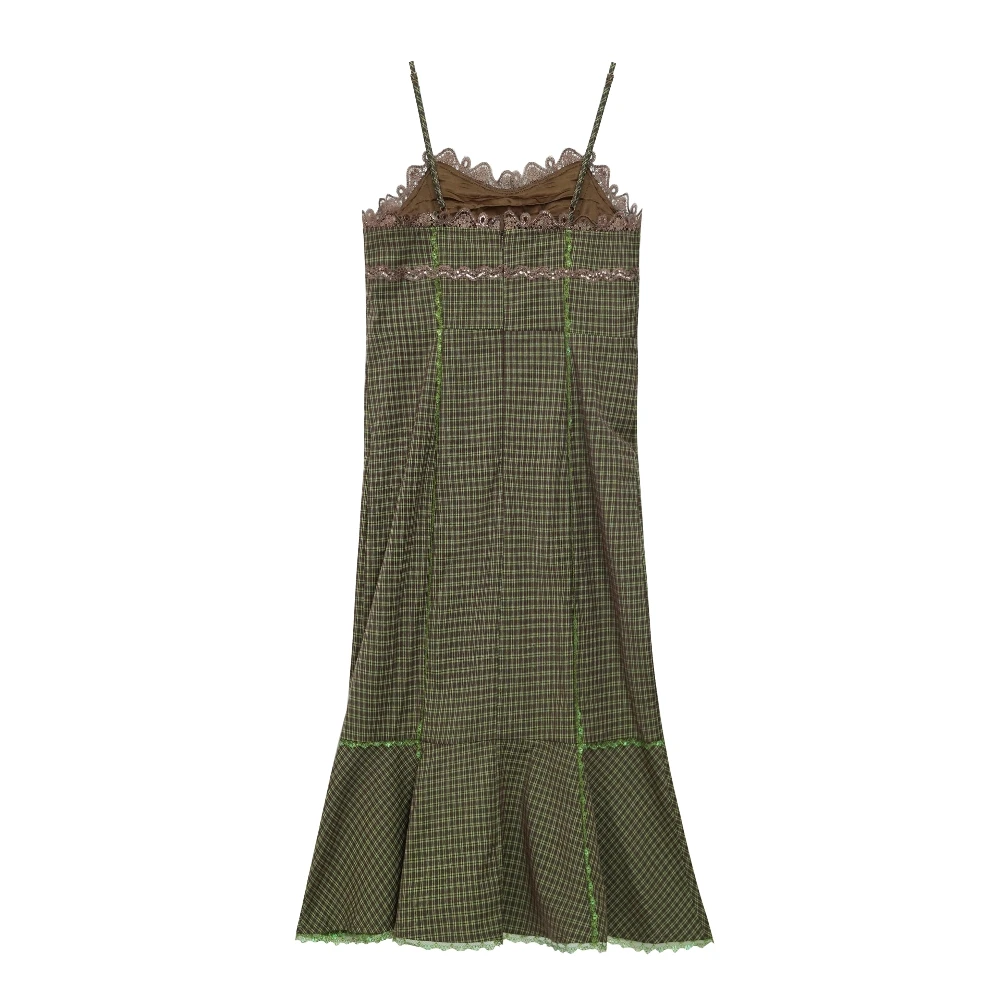 New Dresses Slim Fit Vacation Outfits Sleeveless Retro Green Plaid Fishtail Skirt Spring Autumn Elegant Slip Dress