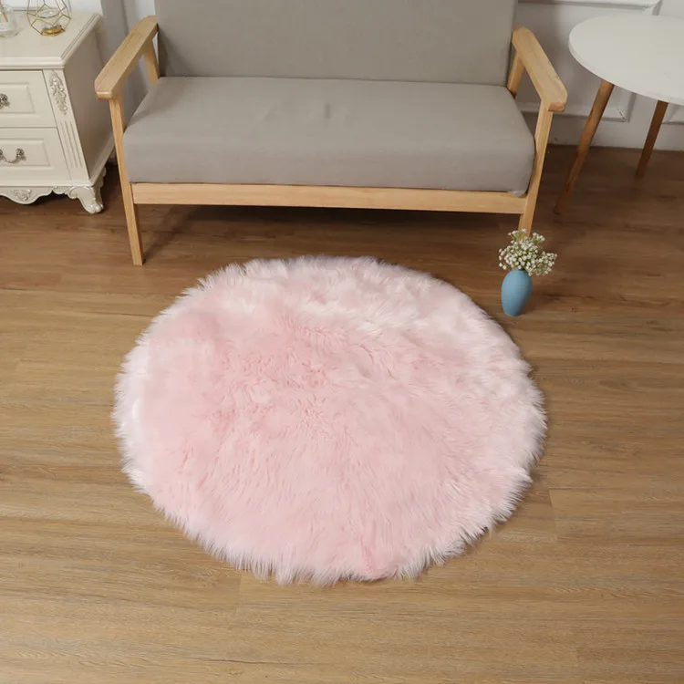 Pink 3 ft Diameter Plush Sheepskin Style Throw Faux Fur Round Floor Mat Area Rug Super Soft Carpets Kids Play Rug