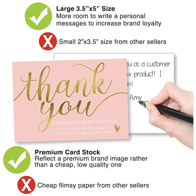Wholesale Custom Amazon Pink Gold THAN YOU  Cards with Logo Label For Small Business