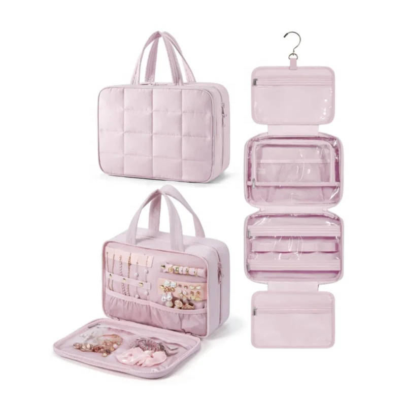 Custom Logo Large Travel Toiletry Bag with Jewelry Organizer Hanging Travel Bag Toiletries Puffy Makeup Cosmetic Bag Organizer