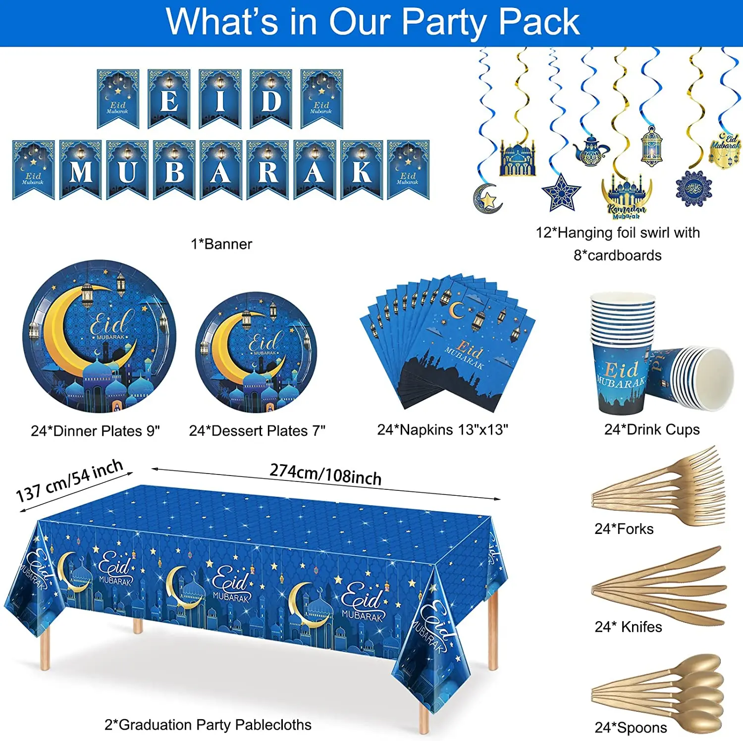 2023 New Eid mubarak decorations for table paper plate set disposable tableware set Napkins for Ramadan Eid Mubarak tableware