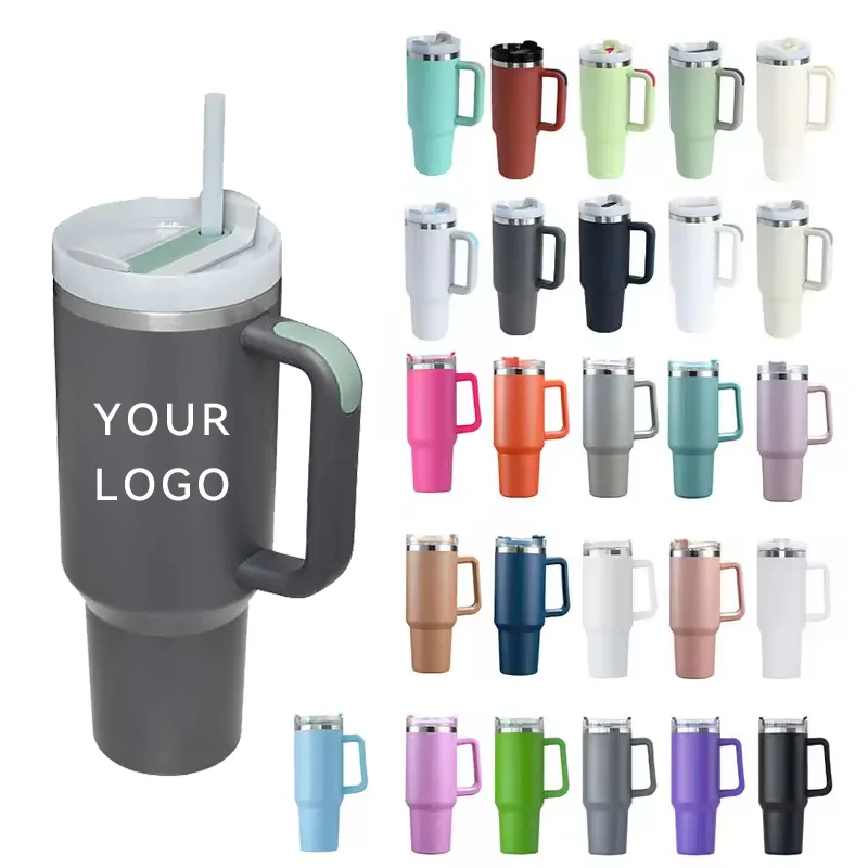 White 40oz Double Wall Vacuum Insulated Cup With Handle Lid Stainless Steel Car Straw Coffee bottle