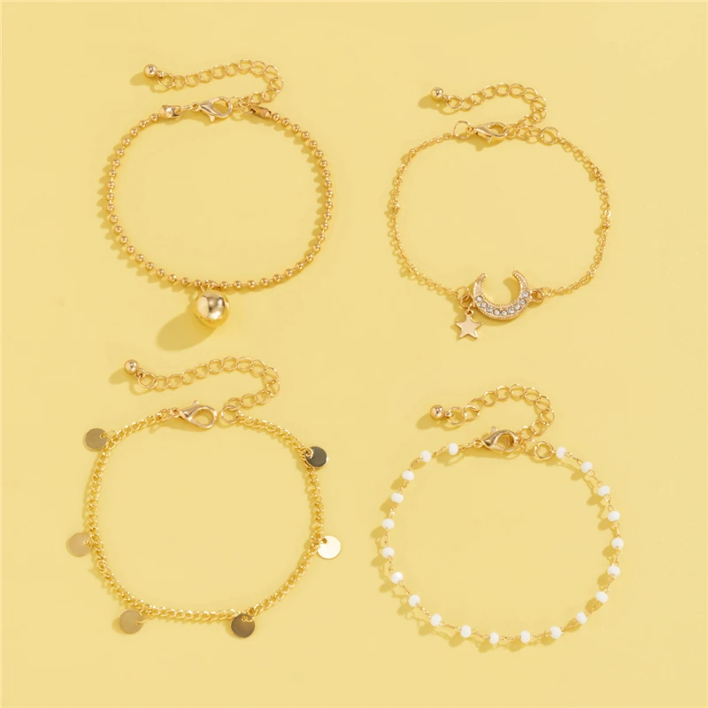 New Fashion Jewelry Set Layered Seed Beaded Bracelet Gold Chain Moon And Star Charm