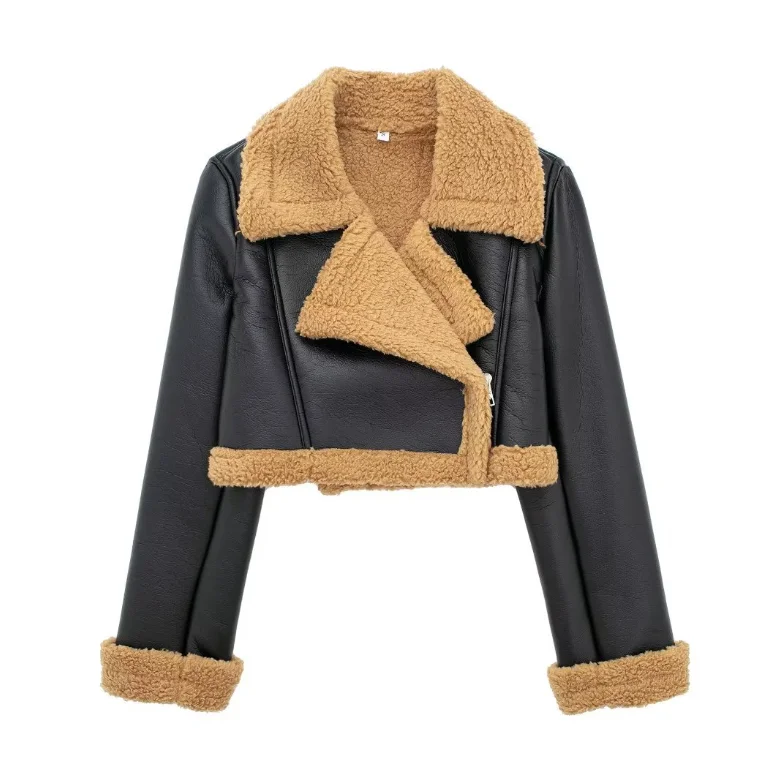 OJW122938 Cropped Fall Winter Clothes 2023 Streetwear Short Women Fur Leather Motorcycle Jacket