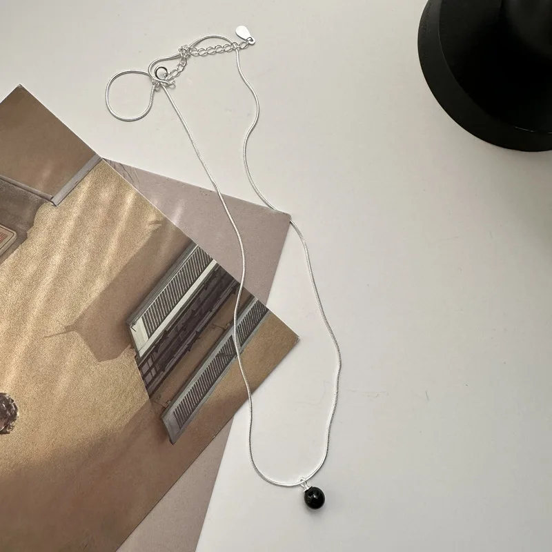 925 Sterling Silver Snake Chain Round Black Agate Pendant Necklaces Women Jewelry