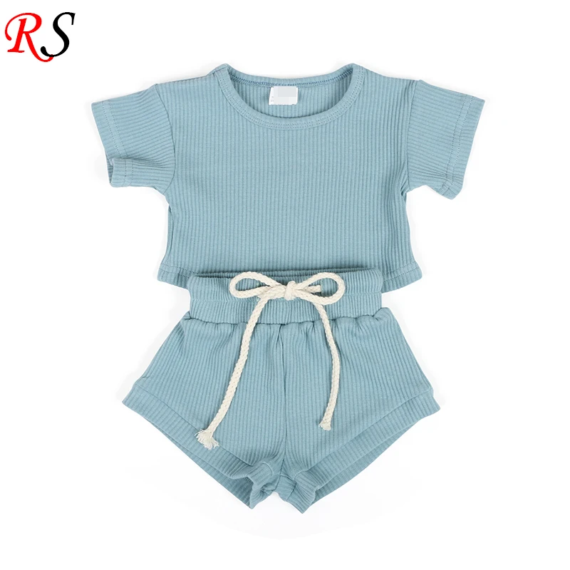 New Fashion Wholesale Custom Logo Kids Blue Ribbed Children 2 Piece Shorts Set