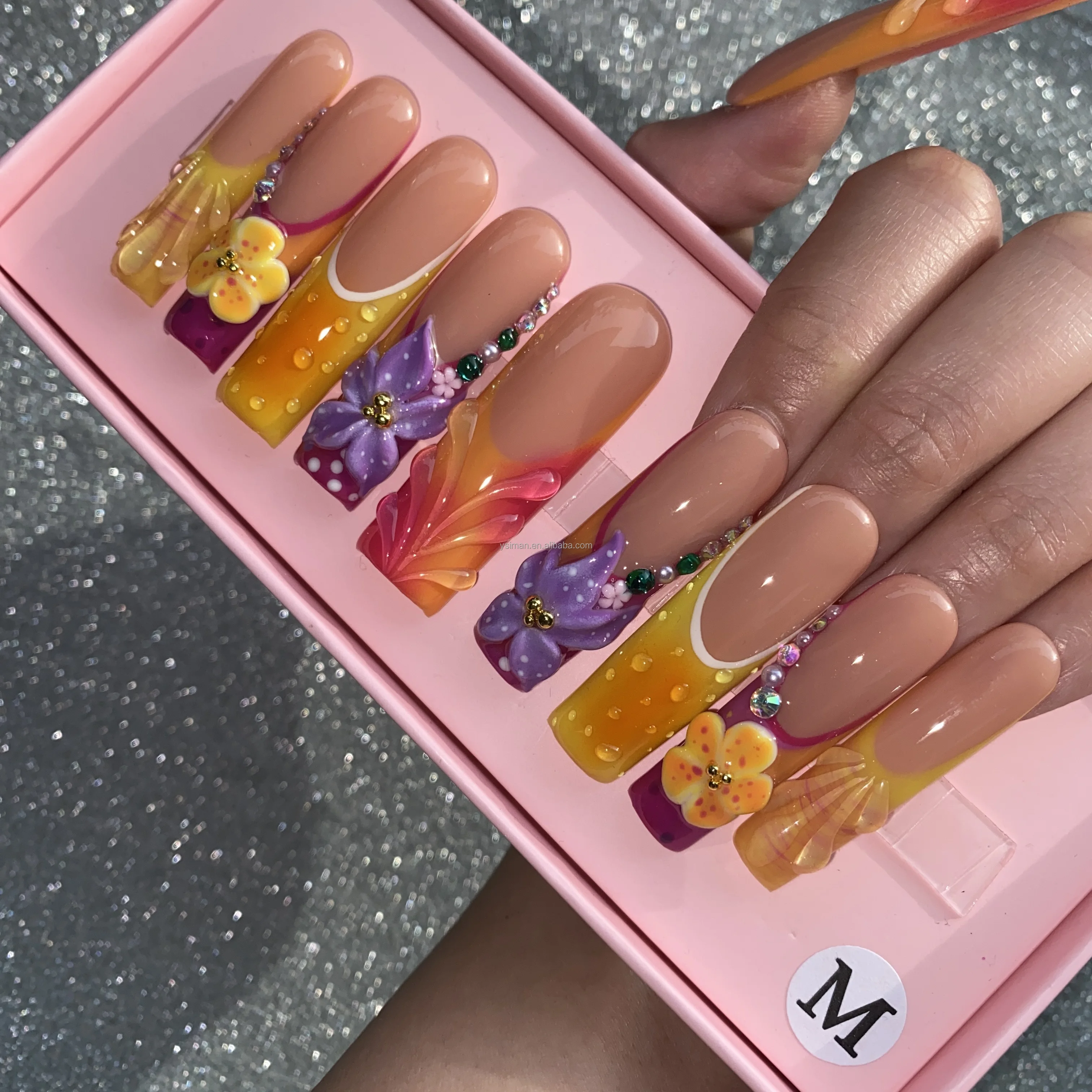 INS fashional full cover false nail tips 50MM XL glittery rhinestone press on nails reusable artificial false nails