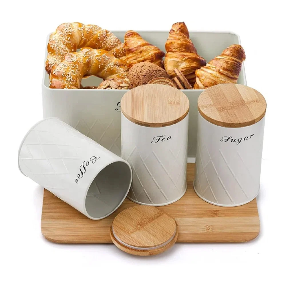 Set of 4 Bread Box and Canister Set for Kitchen Countertop Metal Bread Bin Sugar Tea Coffee Storage Canister with Lid
