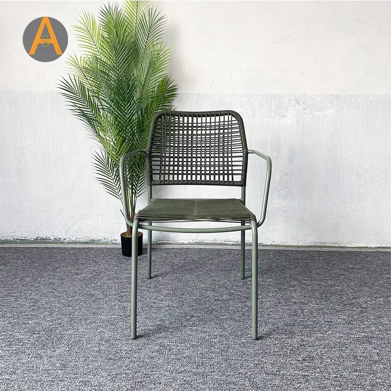 Mid century aluminum alloy hotel restaurant furniture rope chair outdoor dining chairs with arms