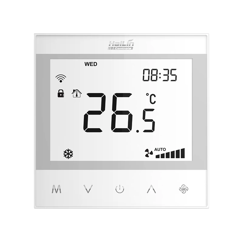 HaiLin 4-Pipe Touch Thermostat With On/Off Valve And 0-10v EC Fan Control For FCU RS-485 Modbus 220V AC Flush Mounting
