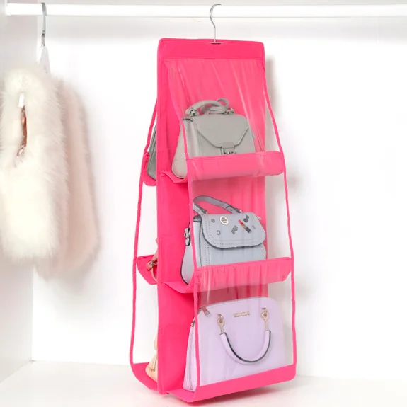 
Directly Manufacturer 8 Colors 6 Pocket Hanging Handbag Organizer for Wardrobe Closet Transparent Storage Bag 