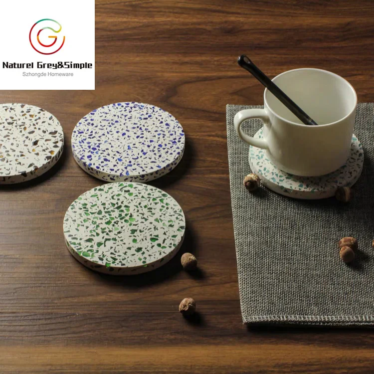 Natural Colorful Stone Real Terrazzo Coaster Set Terrazzo Cup Mat Coaster