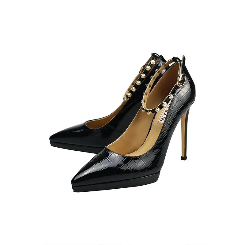 Women Pearl Buckle Genuine Leather Stiletto Heels Black Sheepskin Insole Embossed Patent Cow Leather Fabric Pointed Toe Pumps