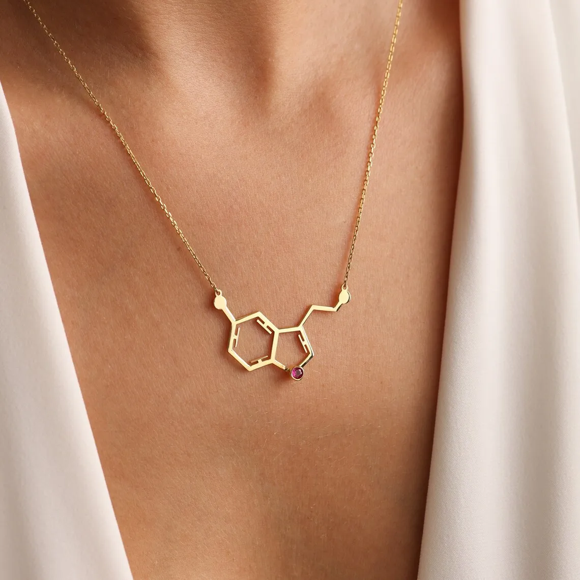 Best Seller Molecule Chemistry Pendant With Birthstone Gold Necklace Stainless Steel Science Jewelry Plated Serotonin Necklace