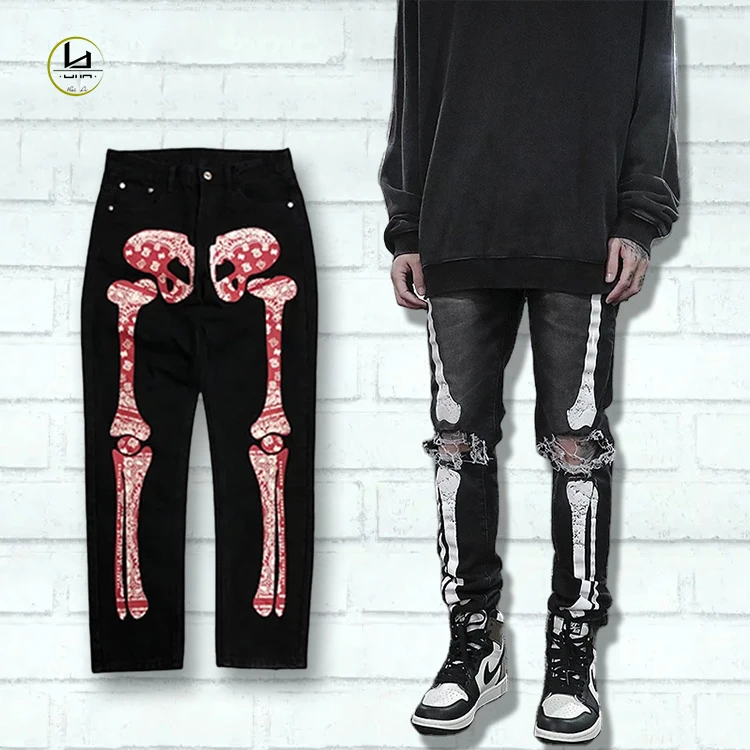 Factory direct sales OEM high street hip hop style skeleton design denim pants custom brand jeans for men