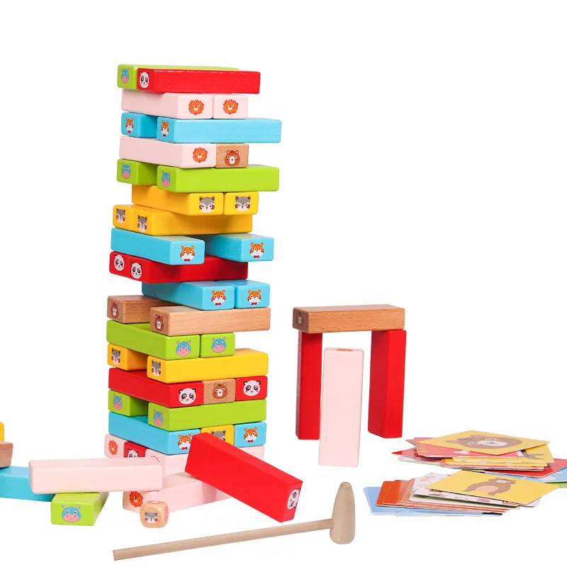 Coloured Stacking Game Wooden Building Blocks Tower Board Games for Kids Adults 51Pieces Montessori Toys