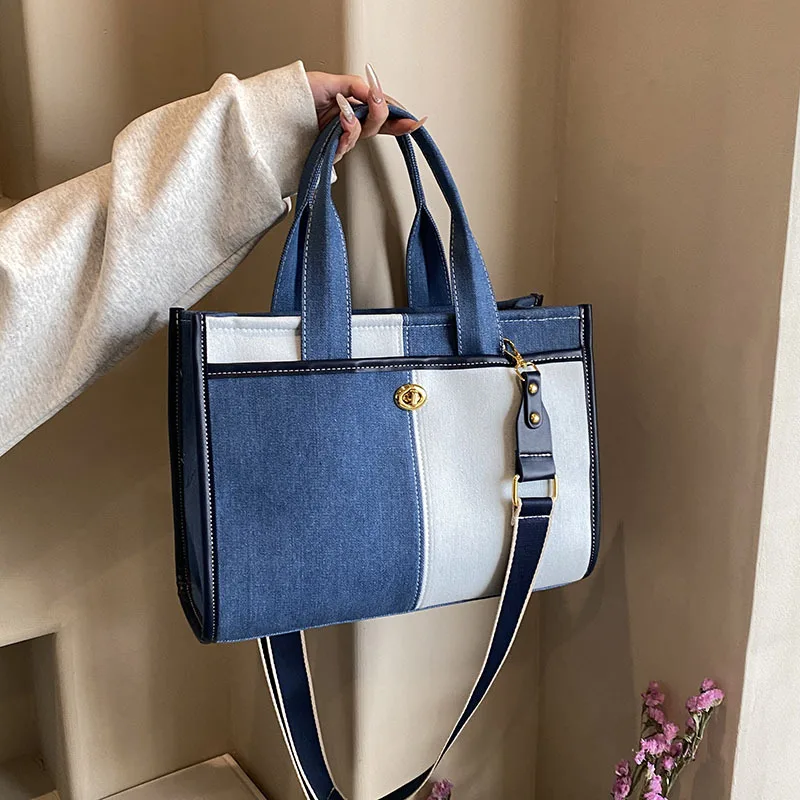 Large capacity handbag for women in 2024 new fashionable patchwork denim work and commuting bag broadband crossbody tote bag