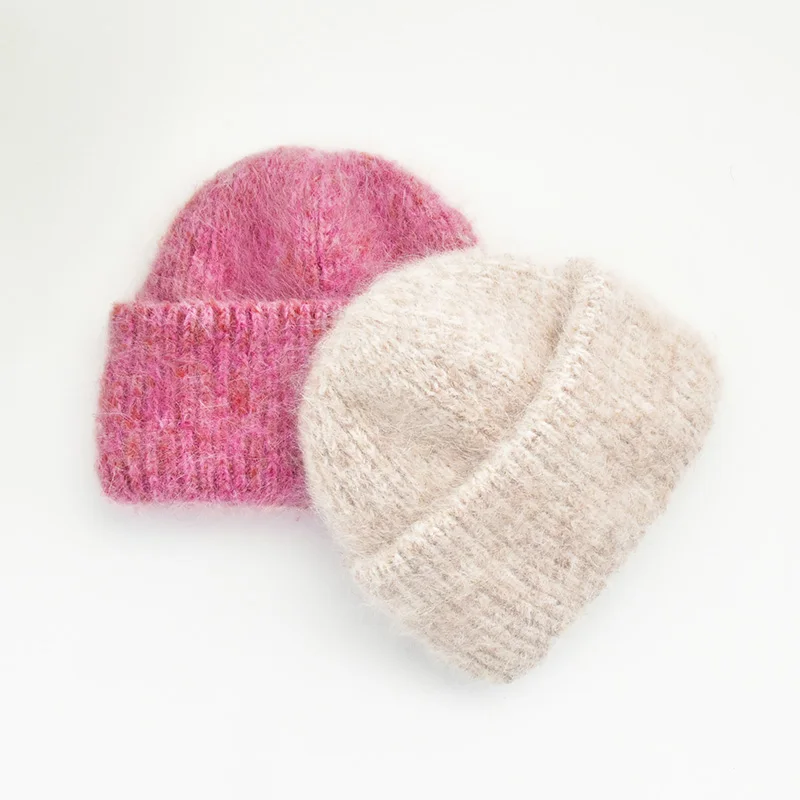 Winter Thick Knitted Angora Wool Beanie for Women Girls Colored Yarn Knit Warm Cuff Hats Custom Logo Fashion Ski Caps